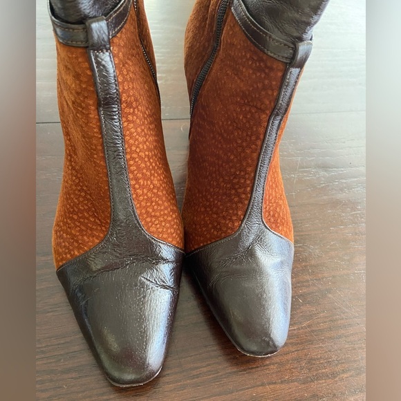 Suede & Leather Color block Stacked Heel Booties Brown Sz 8 $295 - Picture 8 of 15